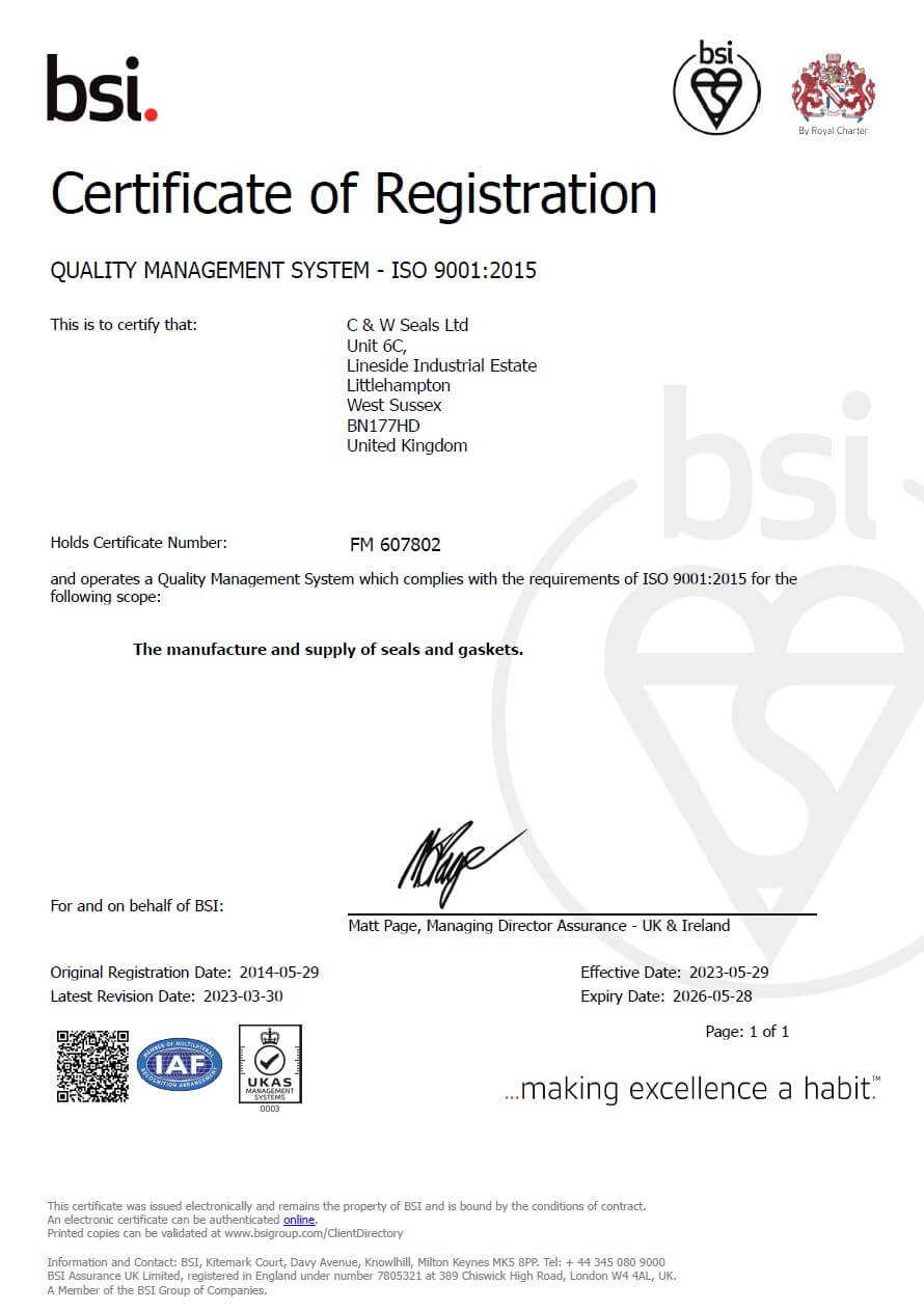 C and W Seals BSI Certificate